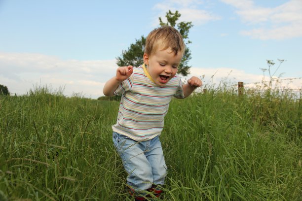小男孩在草地上玩耍图片下载