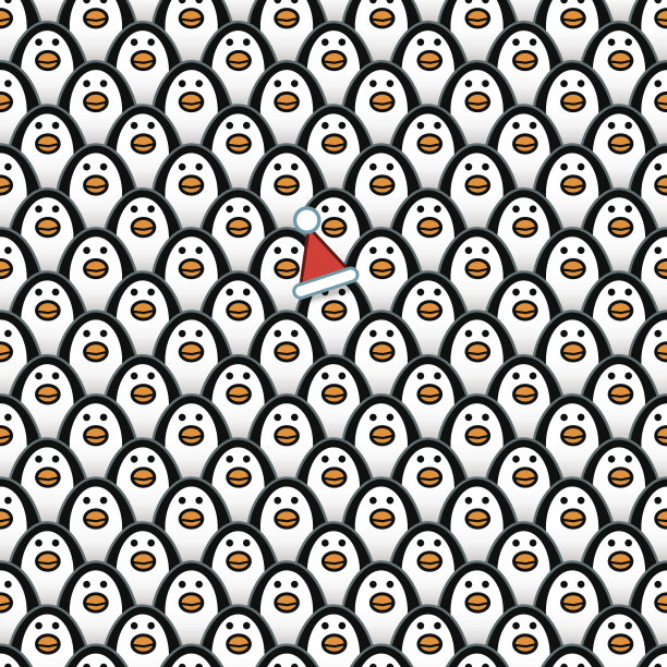 戴着红色圣诞帽的企鹅在一群企鹅中图片下载