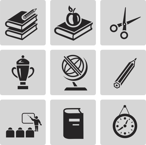 教育的图标集。灰色背景上的黑色标志图片下载