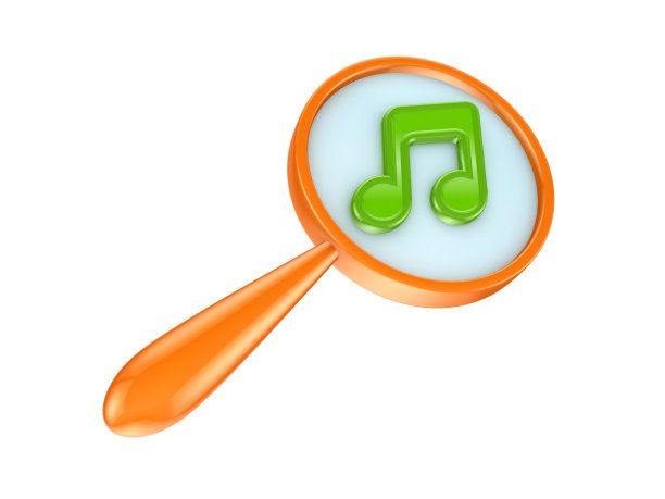 橙色放大镜和绿色音乐图标。图片下载