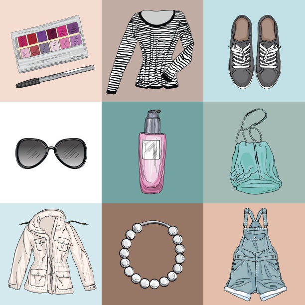 一套时尚的女装、饰品和化妆品图片下载