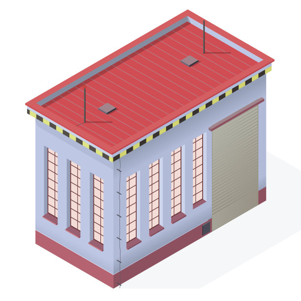 装配车间等距建筑外观。矢量工业工程师房屋车间。图片下载