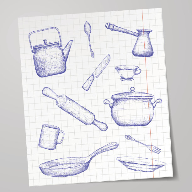 厨房用具画在一张纸上。涂鸦的形象。图片下载