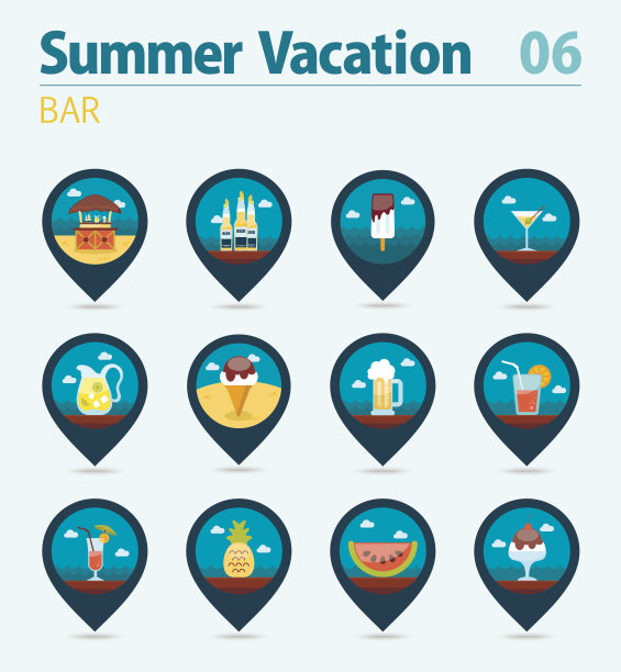 酒吧沙滩引脚地图图标设置。夏天。假期图片下载