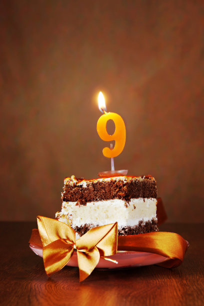 一块生日蛋糕和燃烧的蜡烛作为数字九图片下载