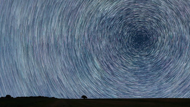 星星的轨迹布满了寂寞的树。夜空startrails。图片下载