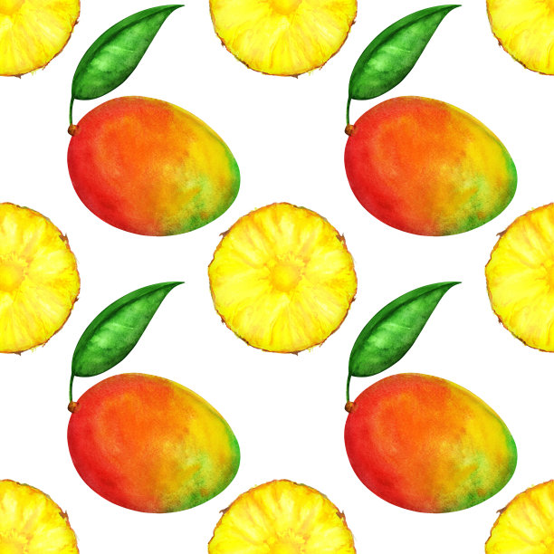 水彩无缝图案，芒果果，绿叶，菠萝图片下载