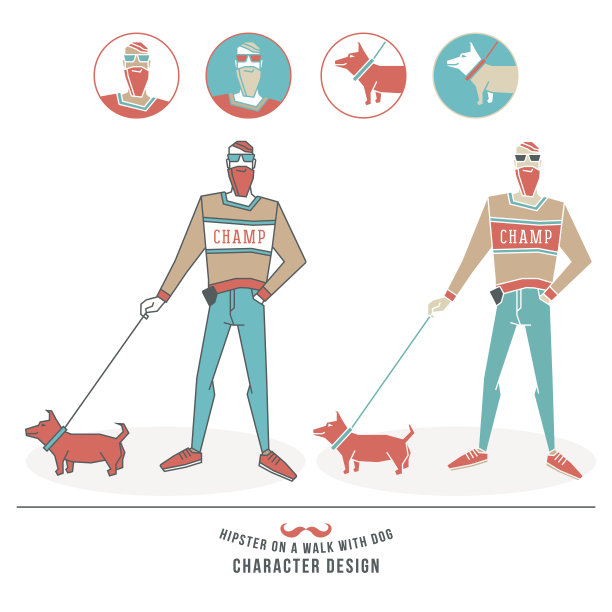 一个潮人带着狗散步的插图图片下载