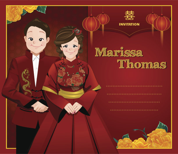 中国的结婚卡，新娘和新郎穿着中国服装图片下载