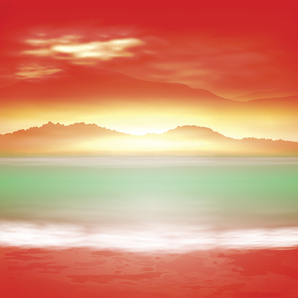 背景有海和山。日落时间。图片下载