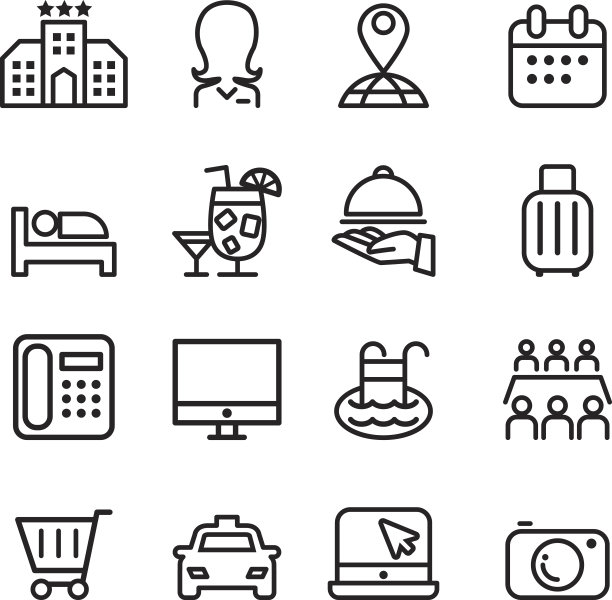 酒店图标设置在细线风格图片下载