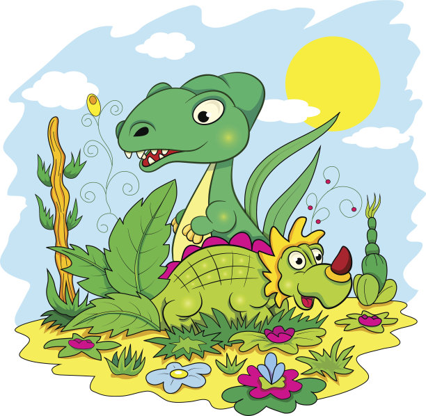 两个有趣的卡通恐龙在花草之间图片下载
