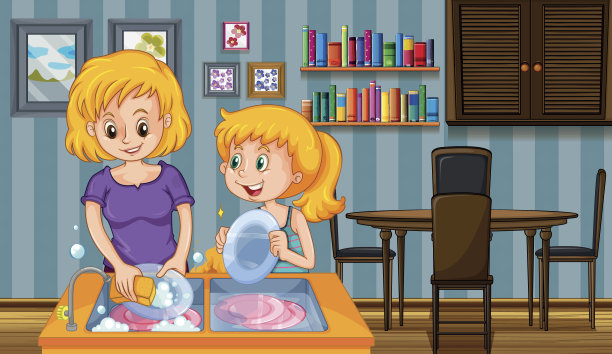 妈妈和孩子一起洗碗图片下载