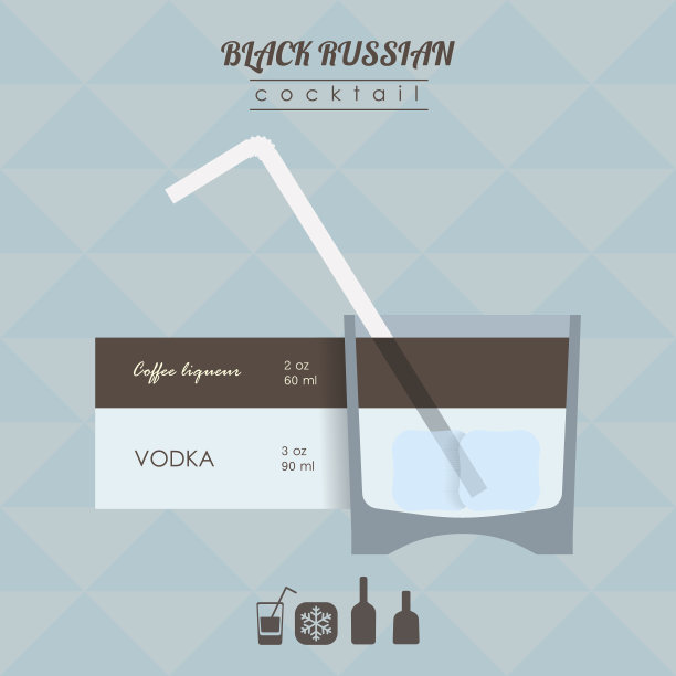 黑色俄罗斯鸡尾酒平风格等距插图与ic图片下载