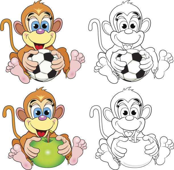 有趣的猴子。彩色图片和涂色书。图片下载