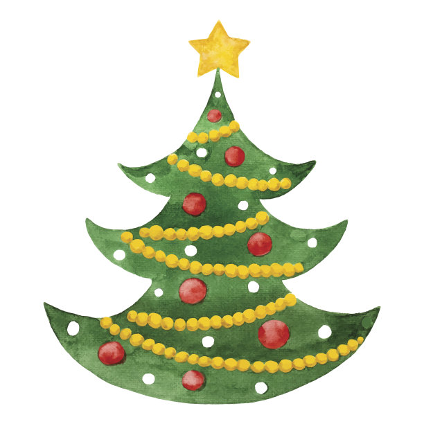 水彩冷杉树与小装饰品和星星图片下载