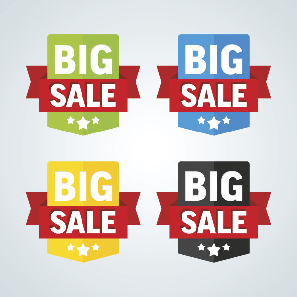 带红丝带的大减价徽章。不同的颜色。矢量插图。图片下载