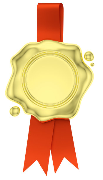 金蜡印挂在红丝带上，白丝带孤立图片下载