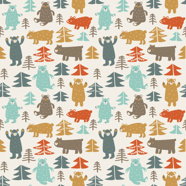 森林里熊的滑稽动物无缝图案图片下载