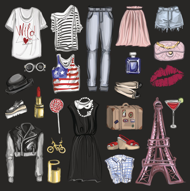 矢量集时尚和香水元素数字水彩图片下载