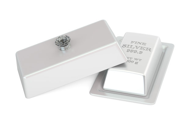 金融的概念。银条在一个打开盖子的盘子，3D渲染图片下载