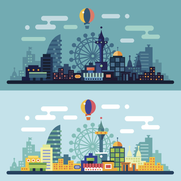 夜景和白天的城市景观图片下载