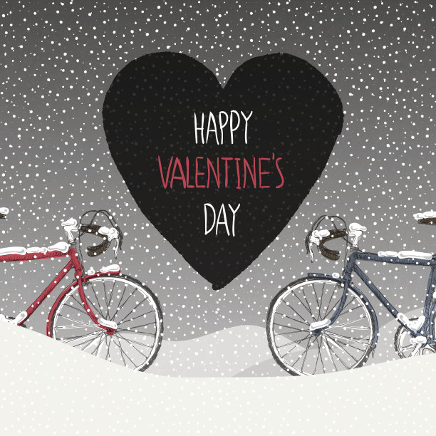 情人节卡片。白雪覆盖的自行车，宁静的冬季景象图片下载
