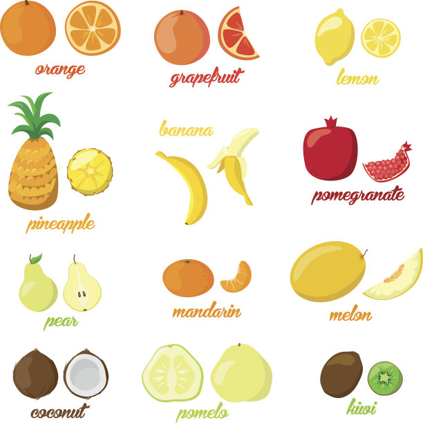一套彩色卡通水果图标梨，橘子，香蕉，菠萝图片下载