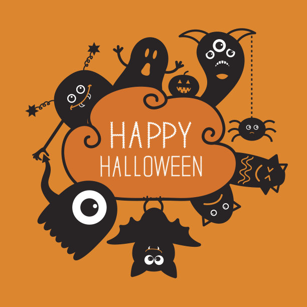 万圣节countour涂鸦。幽灵，蝙蝠，南瓜，蜘蛛，怪物。橙色图片下载