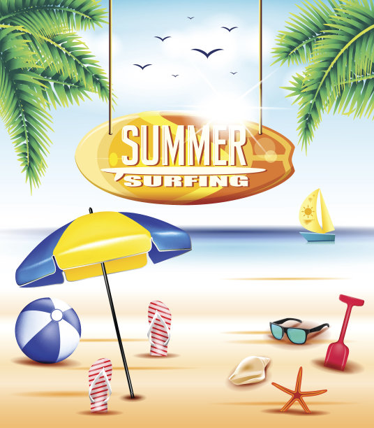 在海滩上悬挂夏日冲浪板的标志图片下载