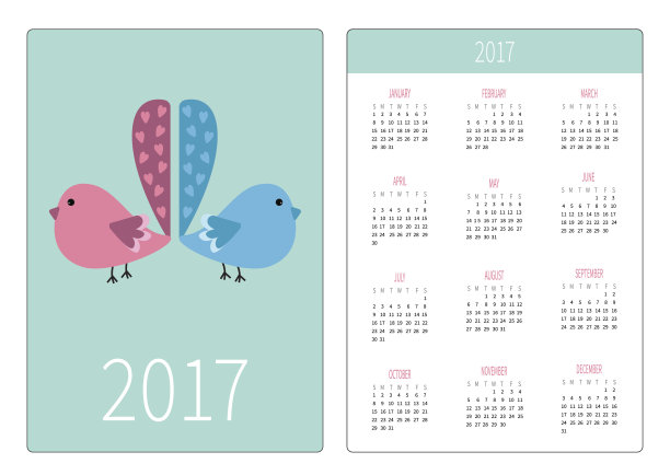 口袋日历2017年。两只有心形尾巴的鸟。图片下载