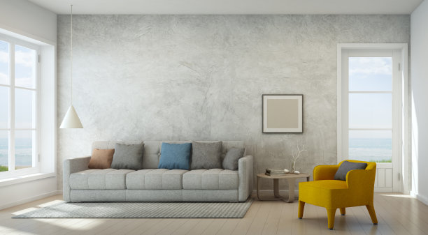 现代海滨别墅混凝土墙海景客厅，豪华度假别墅内部图片下载