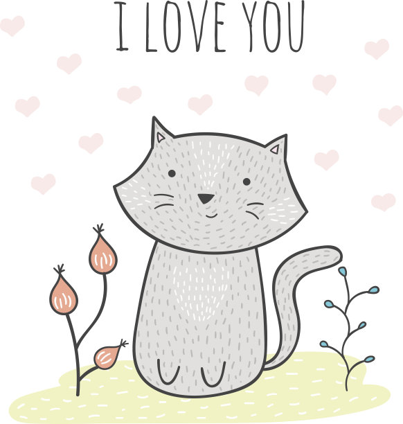 可爱的手绘涂鸦卡与猫和花。图片下载