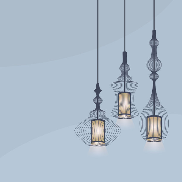 一组细节悬挂灯笼灯吊灯在蓝色的背景素材图片