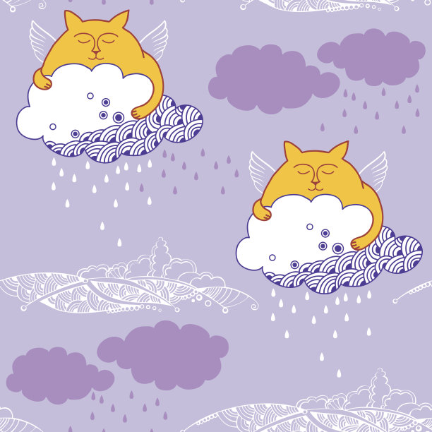 无缝模式与有趣的猫和雨云图片下载