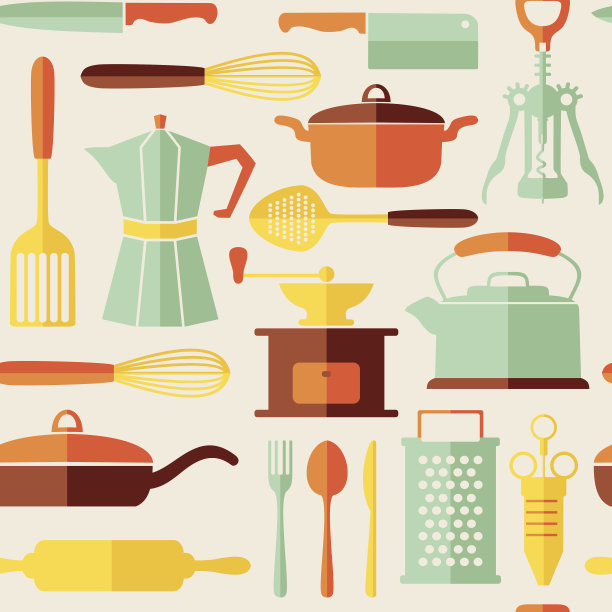 无缝厨房矢量背景与平面图标图片下载