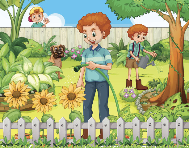 父亲和儿子在花园里给植物浇水图片下载