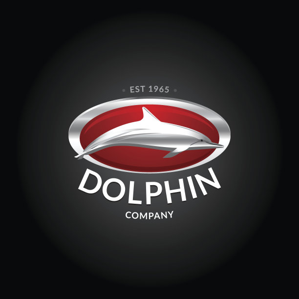 海豚标志模板。深红色背景上的银色海豚标志。图片下载