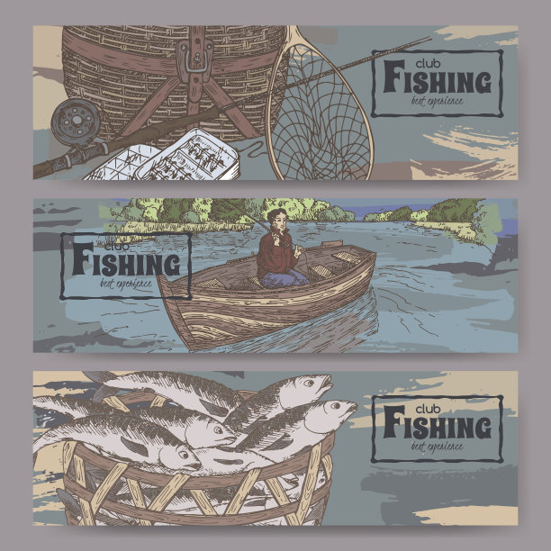 三种颜色的景观横幅与钓鱼相关的草图。图片下载