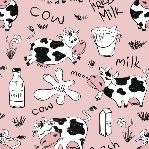 草图无缝模式的有趣的奶牛。图片下载
