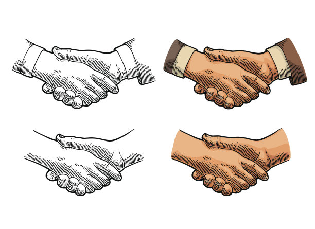 握手。矢量彩色复古版画图片下载