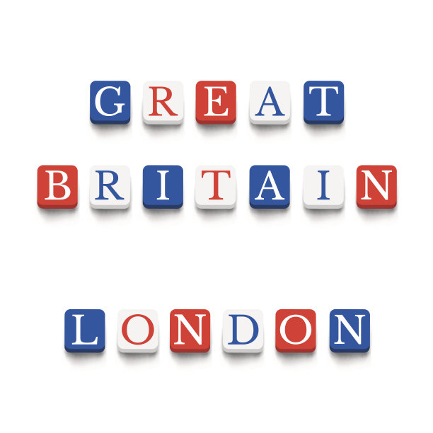 单词“大不列颠”，“伦敦”用五颜六色的积木图片下载