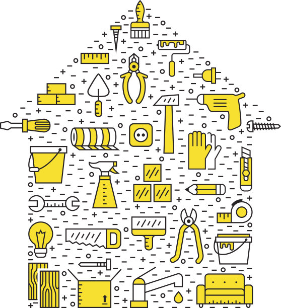 家居装修和建筑轮廓黑色和黄色矢量背景。图片下载