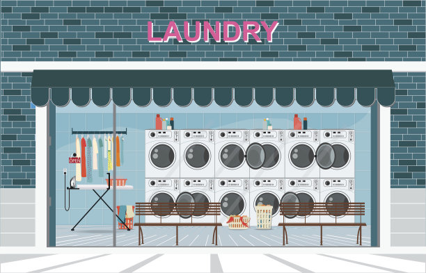 建设洗衣房外部正面及内部，配备一排工业洗衣机及衣物洗涤设施。图片下载