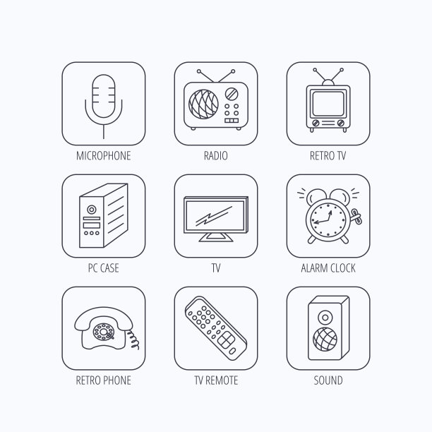 电视遥控器，复古手机和收音机图标。图片下载