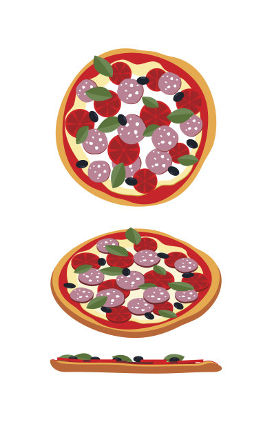 西红柿和香肠的披萨。食物俯视图，侧视图。图片下载