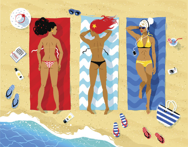 三个女人躺在沙滩上图片下载