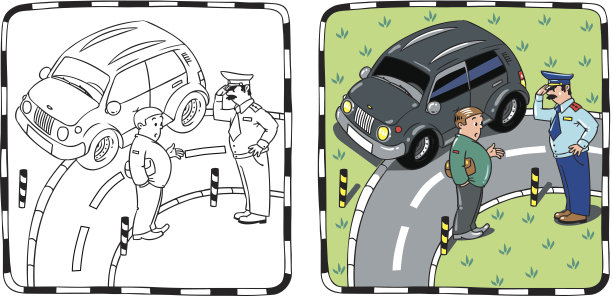 警察和汽车司机。彩色书图片下载