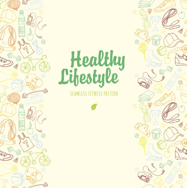 彩色运动和健身无缝涂鸦图案与框架图片下载