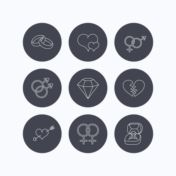 爱心，礼盒和结婚戒指的图标。图片下载